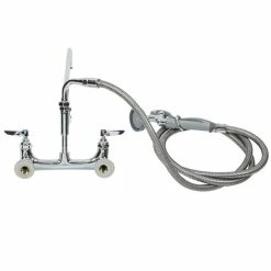 T&S Brass And Bronze Works T&S B-0175 Wall Mounted Pre-Rinse Faucet With Adjustable 8" Centers, Angled Spray Valve, 104" Hose, 12" Add-On Faucet, 90 Degree Swivel Adapter, And Wall Hook -T&S Brass-shop 1021615