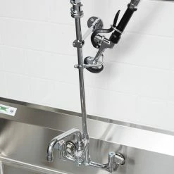 T&S Brass And Bronze Works Equip By T&S 5PR-8W06 Wall Mounted 35 3/4" High Pre-Rinse Faucet With 8" Adjustable Centers, 44" Hose, 6" Add-On Faucet, And 6" Wall Bracket