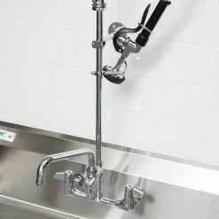 T&S Brass And Bronze Works Equip By T&S 5PR-8W08 Wall Mounted 35 3/4" High Pre-Rinse Faucet With 8" Adjustable Centers, 44" Hose, 8" Add-On Faucet, And 6" Wall Bracket