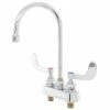 T&S Brass And Bronze Works T&S B-1141-04 Deck Mount Workboard Faucet With 4" Centers, 5 3/4" Gooseneck Spout, 4" Wrist Action Handles, Escutcheon, And Tailpieces