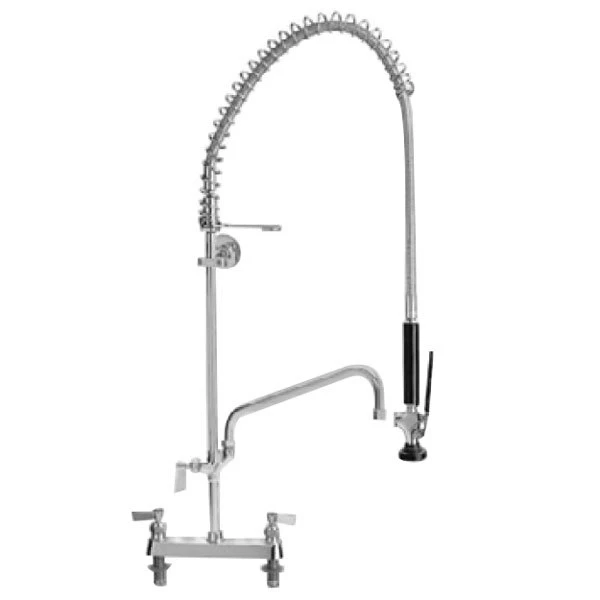 Fisher 34223 Deck Mounted 38" High Pre-Rinse Faucet With 8" Centers, 6" Add-On Faucet, And Wall Bracket 1 Fisher 34223 Deck Mounted 38" High Pre-Rinse Faucet With 8" Centers, 6" Add-On Faucet, And Wall Bracket