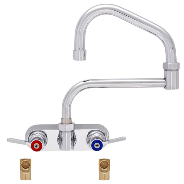 Fisher 19542 Backsplash Mounted Faucet With 4" Centers, 13" Double-Jointed Swing Nozzle, 2.2 GPM Aerator, Lever Handles, And Elbows 1 Fisher 19542 Backsplash Mounted Faucet With 4" Centers, 13" Double-Jointed Swing Nozzle, 2.2 GPM Aerator, Lever Handles, And Elbows