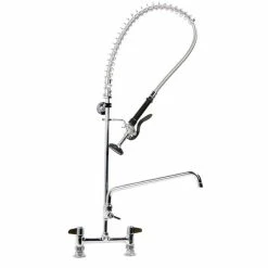 T&S Brass And Bronze Works Equip By T&S 5PR-8D14 Deck Mounted 38 1/4" High Pre-Rinse Faucet With 8" Adjustable Centers, 44" Hose, 14" Add-On Faucet, And 6" Wall Bracket