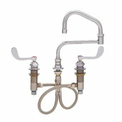 Fisher 59420 Deck Mounted Stainless Steel Faucet With Widespread Deck, 19" Double-Jointed Swing Nozzle, 2.2 GPM Aerator, And Wrist Handles