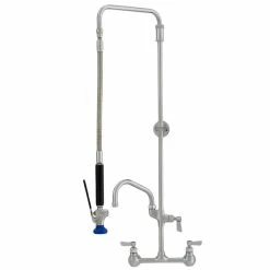 Fisher 37044 Backsplash Mounted Stainless Steel Pre-Rinse Faucet With 8" Centers, Swivel Arm, 15" Hose, 16" Add-On Faucet, And Wall Bracket