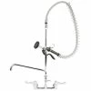 T&S Brass And Bronze Works Equip By T&S 5PR-8WWS12 Wall Mounted 35 3/4" High Pre-Rinse Faucet With 8" Adjustable Centers, Wrist Action Handles, 44" Hose, 12" Add-On Faucet, Supply Inlet Kit, And 6" Wall Bracket