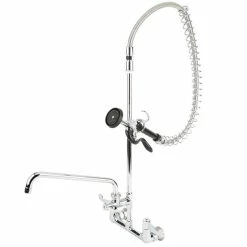 T&S Brass And Bronze Works Equip By T&S 5PR-8WWS12 Wall Mounted 35 3/4" High Pre-Rinse Faucet With 8" Adjustable Centers, Wrist Action Handles, 44" Hose, 12" Add-On Faucet, Supply Inlet Kit, And 6" Wall Bracket -T&S Brass-shop 1476153