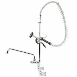T&S Brass And Bronze Works Equip By T&S 5PR-8WWS12 Wall Mounted 35 3/4" High Pre-Rinse Faucet With 8" Adjustable Centers, Wrist Action Handles, 44" Hose, 12" Add-On Faucet, Supply Inlet Kit, And 6" Wall Bracket -T&S Brass-shop 1476154