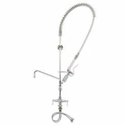 T&S Brass And Bronze Works T&S B-0113-14CRQJST EasyInstall Deck Mounted Pre-Rinse Faucet With Flex Inlets, 44" Hose, 24" Riser, 14" Add-On Faucet, And Lever Handles