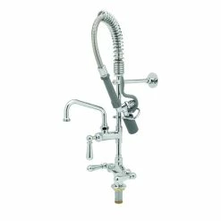 T&S Brass And Bronze Works T&S MPY-2DCN-08 Low Profile Deck Mounted Pre-Rinse Faucet With Flex Inlets, 24" Hose, 0.65 GPM Spray Valve, 8" Add-On Faucet, And Wall Bracket