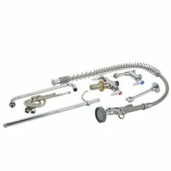 T&S Brass And Bronze Works T&S B-2338 Deck Mounted 40" High Pre-Rinse Faucet With Flex Inlets, 44" Hose, 12" Add-On Faucet, And Wall Bracket -T&S Brass-shop 1589976