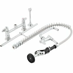 T&S Brass And Bronze Works Equip By T&S 5PR-8D08 Deck Mounted 38 1/4" High Pre-Rinse Faucet With 8" Adjustable Centers, 44" Hose, 8" Add-On Faucet, And 6" Wall Bracket -T&S Brass-shop 1607917