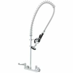 T&S Brass And Bronze Works Equip By T&S 5PR-8WWS00 Wall Mounted 31 1/2" High Pre-Rinse Faucet With 8" Adjustable Centers, Wrist Action Handles, 44" Hose, Supply Inlet Kit, And 6" Wall Bracket