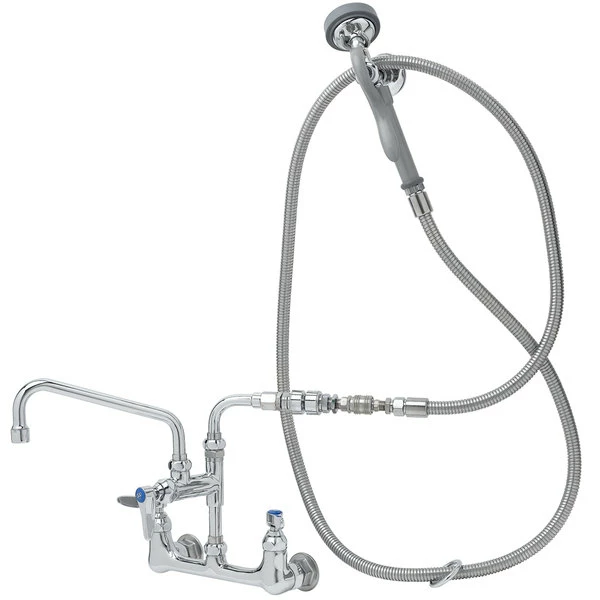 T&S Brass And Bronze Works T&S B-0175-01 Wall Mounted Pre-Rinse Faucet With Adjustable 8" Centers, Angled Spray Valve, 96" Hose, 8" Add-On Faucet, 90 Degree Swivel Adapter, Vacuum Breaker, And Wall Hook 2 T&S Brass And Bronze Works T&S B-0175-01 Wall Mounted Pre-Rinse Faucet With Adjustable 8" Centers, Angled Spray Valve, 96" Hose, 8" Add-On Faucet, 90 Degree Swivel Adapter, Vacuum Breaker, And Wall Hook - Image 2