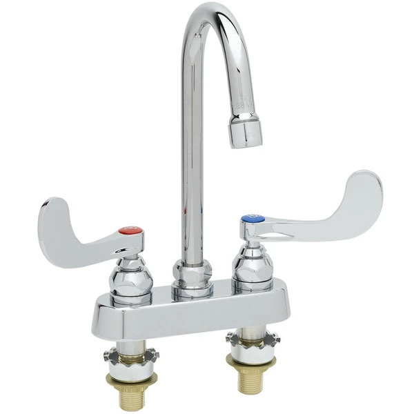 T&S Brass And Bronze Works T&S B-1146-02A-WH4 Wall Mount Workboard Faucet With 4" Centers, 4 3/8" Gooseneck Spout, Escutcheon, Aerator, 4" Wrist Action Handles, And Tailpieces 2 T&S Brass And Bronze Works T&S B-1146-02A-WH4 Wall Mount Workboard Faucet With 4" Centers, 4 3/8" Gooseneck Spout, Escutcheon, Aerator, 4" Wrist Action Handles, And Tailpieces - Image 2
