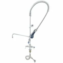 T&S Brass And Bronze Works T&S B-2338-08C Deck Mounted 43 1/2" High Pre-Rinse Faucet With Flex Inlets, 44" Hose, Low Flow Ergonomic Spray Valve, 12" Add-On Faucet, And Wall Bracket