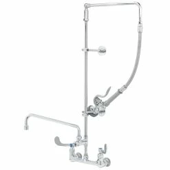 T&S Brass And Bronze Works T&S B-2466 Wall Mounted 33 9/16" High Pre-Rinse Faucet With Adjustable 8" Centers, 4" Wrist Action Handles, Swivel Arm, 20" Hose, 12 1/16" Add-On Faucet, And 6" Wall Bracket