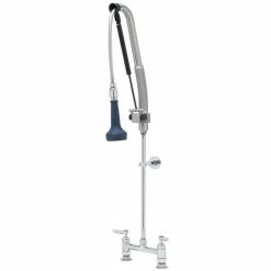 T&S Brass And Bronze Works T&S B-0123-CR-B8P 42 11/16" High Deck Mounted DuraPull Pre-Rinse Faucet 8" Adjustable Centers, 30" Hose, 1.07 GPM Spray Valve, And Wall Bracket