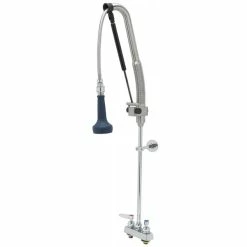 T&S Brass And Bronze Works T&S B-5110-CR-B8P 40 13/16" High Deck Mounted DuraPull Pre-Rinse Faucet 4" Workboard Centers, 30" Hose, 1.07 GPM Spray Valve, And Wall Bracket