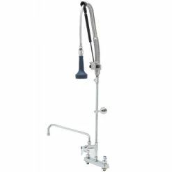 T&S Brass And Bronze Works T&S B-5120-12CRB8TP 47 3/16" High Deck Mounted DuraPull Pre-Rinse Faucet 8" Workboard Centers, 30" Hose, 1.07 GPM Spray Valve, 12" Add-On Faucet, Accessory Tee, And Wall Bracket