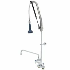 T&S Brass And Bronze Works T&S B-5110-12-CRB8P 45 3/16" High Deck Mounted DuraPull Pre-Rinse Faucet 4" Workboard Centers, 30" Hose, 1.07 GPM Spray Valve, 12" Add-On Faucet, And Wall Bracket