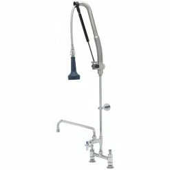 T&S Brass And Bronze Works T&S B-0123-12-CRB8P 45 3/16" High Deck Mounted DuraPull Pre-Rinse Faucet 8" Adjustable Centers, 30" Hose, 1.07 GPM Spray Valve, 12" Add-On Faucet, And Wall Bracket