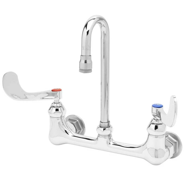 T&S Brass And Bronze Works T&S B-0330-01WH Wall Mounted Mixing Faucet With 8" Adjustable Centers, 2 3/4" Rigid Gooseneck Spout, And 4" Wrist Action Handles (ADA Compliant) 1 T&S Brass And Bronze Works T&S B-0330-01WH Wall Mounted Mixing Faucet With 8" Adjustable Centers, 2 3/4" Rigid Gooseneck Spout, And 4" Wrist Action Handles (ADA Compliant)