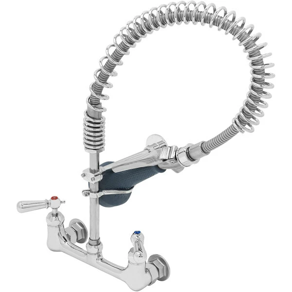 T&S Brass And Bronze Works T&S B-0133-CR-B8SWX EasyInstall Wall Mounted 23 1/4" High Pre-Rinse Faucet With Adjustable 8" Centers, Ergonomic Spray Valve, Club Handles, 32" Hose, And 6" Wall Bracket 1 T&S Brass And Bronze Works T&S B-0133-CR-B8SWX EasyInstall Wall Mounted 23 1/4" High Pre-Rinse Faucet With Adjustable 8" Centers, Ergonomic Spray Valve, Club Handles, 32" Hose, And 6" Wall Bracket