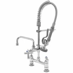 T&S Brass And Bronze Works T&S MPZ-8DCN-06 EasyInstall Deck Mounted 24 9/16" High Mini Pre-Rinse Faucet With Adjustable 8" Centers, Club Handles, 24" Hose, 6" Add-On Faucet, And 6" Wall Bracket