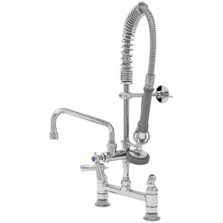 T&S Brass And Bronze Works T&S MPZ-8DCN-08 EasyInstall Deck Mounted 24 9/16" High Mini Pre-Rinse Faucet With Adjustable 8" Centers, Club Handles, 24" Hose, 8" Add-On Faucet, And 6" Wall Bracket