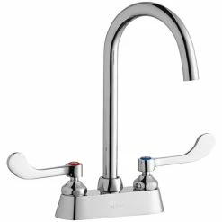 Elkay LK406LGN05T4 Deck Mount Laminar Flow Faucet With 4" Centers, 5" Gooseneck Swing Spout, And 4" Wristblade Handles