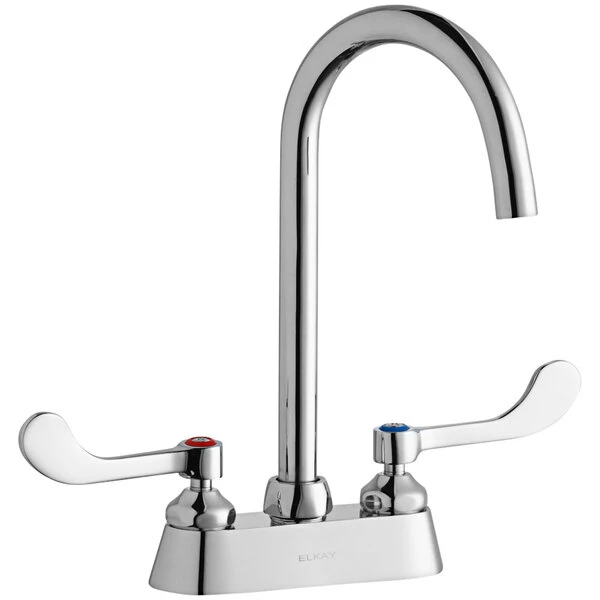 Elkay LK406LGN05T4 Deck Mount Laminar Flow Faucet With 4" Centers, 5" Gooseneck Swing Spout, And 4" Wristblade Handles 1 Elkay LK406LGN05T4 Deck Mount Laminar Flow Faucet With 4" Centers, 5" Gooseneck Swing Spout, And 4" Wristblade Handles