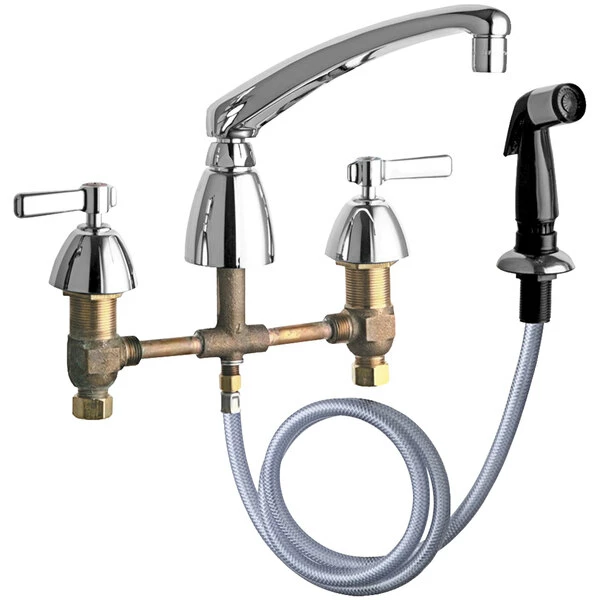 Chicago Faucet Company Chicago Faucets 200-AL8E35ABCP Deck-Mounted Faucet With 8" Centers, 8" L-Type Swing Spout, And Side Spray 1 Chicago Faucet Company Chicago Faucets 200-AL8E35ABCP Deck-Mounted Faucet With 8" Centers, 8" L-Type Swing Spout, And Side Spray