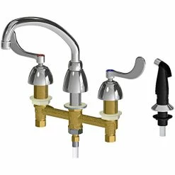 Chicago Faucet Company Chicago Faucets 200-AE35-317ABCP Deck-Mounted 4" Wristblade Handle Faucet With 8" Centers, 9 1/2" L-Type Swing Spout, And Side Spray