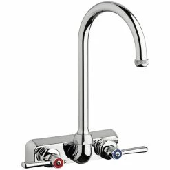 Chicago Faucet Company Chicago Faucets W4W-GN2AE1-369ABCP Wall-Mounted Faucet With 4" Fixed Centers, 5 1/4" Rigid / Swing Gooseneck Spout, And Quixtop Outlet