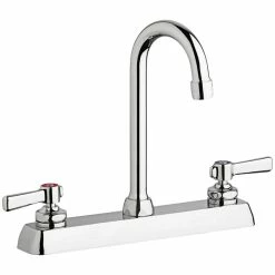 Chicago Faucet Company Chicago Faucets W8D-GN1AE35-369AB Deck-Mounted Faucet With 8" Fixed Centers, 3 1/2" Rigid / Swing Gooseneck Spout, And 2 3/8" Lever Handles