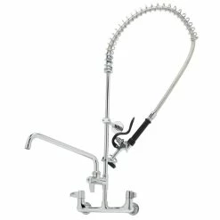T&S Brass And Bronze Works Equip By T&S 5PR-8WLS12 Wall Mounted 35 3/4" High Pre-Rinse Faucet With 8" Adjustable Centers, 44" Hose, 12" Add-On Faucet, Supply Inlet Kit, And 6" Wall Bracket