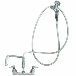 T&S Brass And Bronze Works T&S B-0175-06 Wall Mounted Pre-Rinse Faucet With Adjustable 8" Centers, Angled Spray Valve, 68" Hose, 8" Add-On Faucet, 90 Degree Swivel Adapter, And Wall Hook