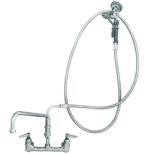 T&S Brass And Bronze Works T&S B-0175-06 Wall Mounted Pre-Rinse Faucet With Adjustable 8" Centers, Angled Spray Valve, 68" Hose, 8" Add-On Faucet, 90 Degree Swivel Adapter, And Wall Hook 1 T&S Brass And Bronze Works T&S B-0175-06 Wall Mounted Pre-Rinse Faucet With Adjustable 8" Centers, Angled Spray Valve, 68" Hose, 8" Add-On Faucet, 90 Degree Swivel Adapter, And Wall Hook