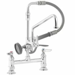 T&S Brass And Bronze Works T&S B-0175-04 Deck Mounted Pre-Rinse Faucet With Adjustable 8" Centers, Angled Spray Valve, 104" Hose, 12" Add-On Faucet, 90 Degree Swivel Adapter, And Wall Hook