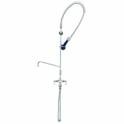 T&S Brass And Bronze Works T&S B-0113-A08-B08C EasyInstall Deck Mounted 46 1/4" High Pre-Rinse Faucet With Flex Inlets, Ergonomic Low Flow Spray Valve, 44" Hose, 8" Add-On Faucet, And 6" Wall Bracket