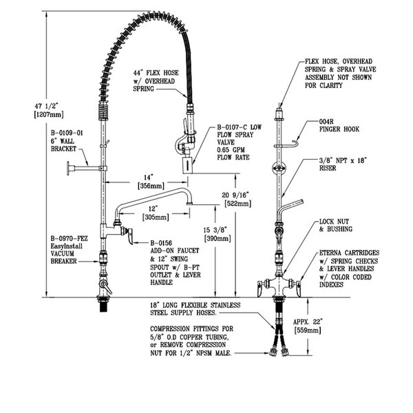 T&S Brass And Bronze Works T&S B-0113-A12-B08 EasyInstall Deck Mounted 46 1/4" High Pre-Rinse Faucet With Flex Inlets, Ergonomic Spray Valve, 44" Hose, 12" Add-On Faucet, And 6" Wall Bracket 2 T&S Brass And Bronze Works T&S B-0113-A12-B08 EasyInstall Deck Mounted 46 1/4" High Pre-Rinse Faucet With Flex Inlets, Ergonomic Spray Valve, 44" Hose, 12" Add-On Faucet, And 6" Wall Bracket - Image 2