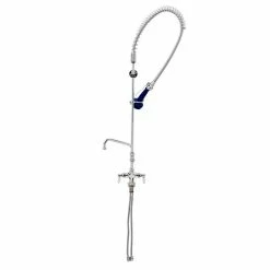 T&S Brass And Bronze Works T&S B-0113-A06-B08C EasyInstall Deck Mounted 46 1/4" High Pre-Rinse Faucet With Flex Inlets, Ergonomic Low Flow Spray Valve, 44" Hose, 6" Add-On Faucet, And 6" Wall Bracket