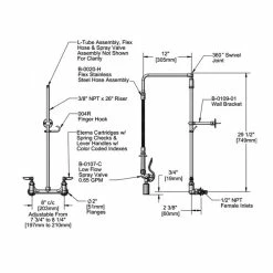 T&S Brass And Bronze Works T&S B-0131-BC Wall Mounted 29 3/4" High Pre-Rinse Faucet With Adjustable 8" Centers, Low Flow Spray Valve, Swivel Arm, 20" Hose, And 6" Wall Bracket -T&S Brass-shop 58077