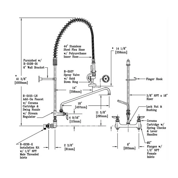 T&S Brass And Bronze Works T&S B-0133-18-CRBEK EasyInstall Wall Mounted 41 1/2" High Pre-Rinse Faucet With Adjustable 8" Centers, 44" Hose, 18" Add-On Faucet, Installation Kit, And 6" Wall Bracket 2 T&S Brass And Bronze Works T&S B-0133-18-CRBEK EasyInstall Wall Mounted 41 1/2" High Pre-Rinse Faucet With Adjustable 8" Centers, 44" Hose, 18" Add-On Faucet, Installation Kit, And 6" Wall Bracket - Image 2