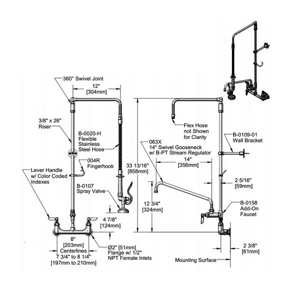 T&S Brass And Bronze Works T&S B-0131-ADF14-B Wall Mounted 33 7/16" High Pre-Rinse Faucet With Adjustable 8" Centers, Low Flow Spray Valve, Swivel Arm, 20" Hose, 14" Add-On Faucet, And 6" Wall Bracket 2 T&S Brass And Bronze Works T&S B-0131-ADF14-B Wall Mounted 33 7/16" High Pre-Rinse Faucet With Adjustable 8" Centers, Low Flow Spray Valve, Swivel Arm, 20" Hose, 14" Add-On Faucet, And 6" Wall Bracket - Image 2