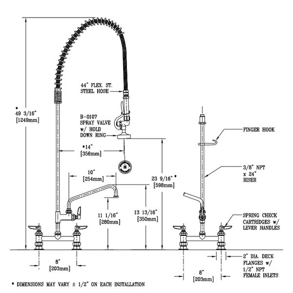 T&S Brass And Bronze Works T&S B-0123-ADF10 EasyInstall Deck Mounted 49 1/4" High Pre-Rinse Faucet With Adjustable 8" Centers, 44" Hose, And 10" Add-On Faucet 2 T&S Brass And Bronze Works T&S B-0123-ADF10 EasyInstall Deck Mounted 49 1/4" High Pre-Rinse Faucet With Adjustable 8" Centers, 44" Hose, And 10" Add-On Faucet - Image 2
