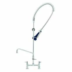 T&S Brass And Bronze Works T&S B-0123-A08-B08C EasyInstall Deck Mounted 46" High Pre-Rinse Faucet With Adjustable 8" Centers, Ergonomic Low Flow Spray Valve, 44" Hose, 8" Add-On Faucet, And 6" Wall Bracket