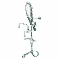 T&S Brass And Bronze Works T&S MPW-2DCN-06 EasyInstall Deck Mounted 24 3/4" High Mini Pre-Rinse Faucet With Flex Inlets, Angled Low Flow Spray Valve, Club Handles, 24" Hose, 6" Add-On Faucet, And 6" Wall Bracket