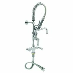 T&S Brass And Bronze Works T&S MPX-2DCN-08-CR EasyInstall Deck Mounted 24 13/16" High Mini Pre-Rinse Faucet With Flex Inlets, Angled Spray Valve, Club Handles, 24" Hose, 8" Add-On Faucet, And 6" Wall Bracket